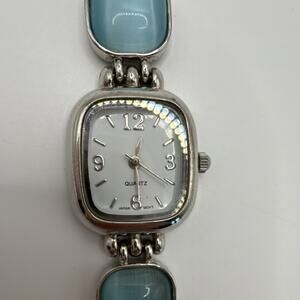 Vintage Avon Quartz Analog Watch Women Blue Silver Metal Bracelet Square
